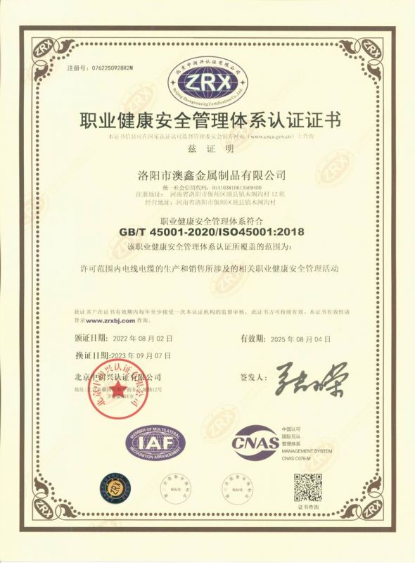 職業(yè)健康體系證書（中文）
